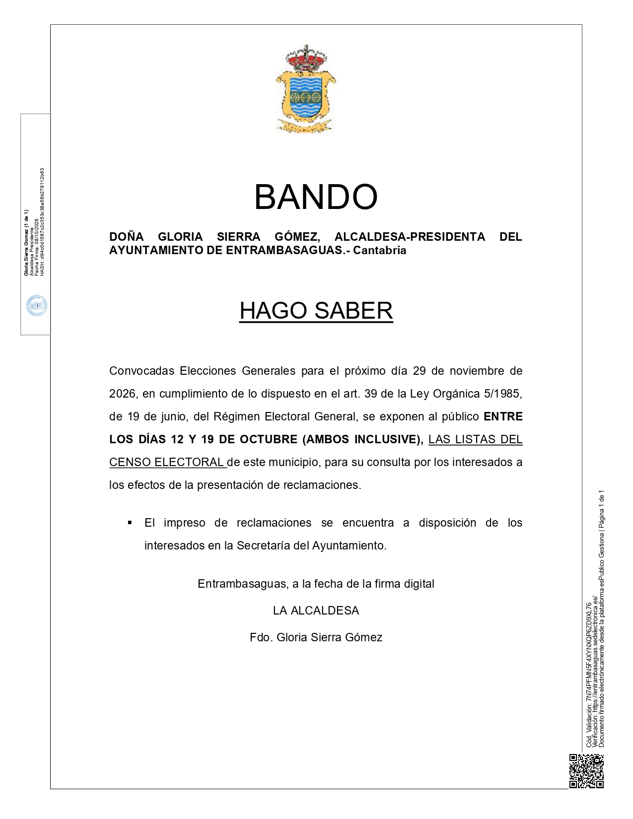 Bando. Exposición censo electoral, Elecciones Generales 29 de noviembre de 2026.