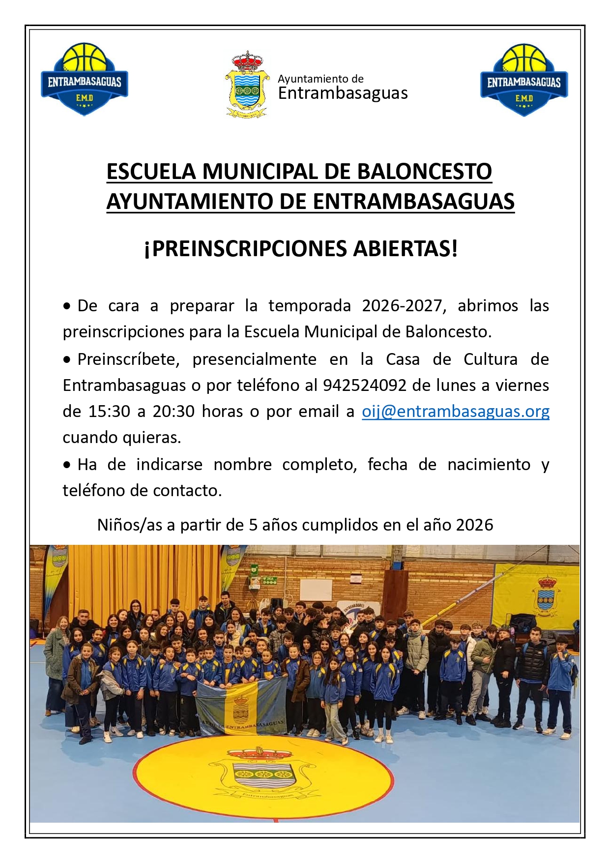Preinscripción Escuela Municipal de Baloncesto, temporada 2026 - 2027