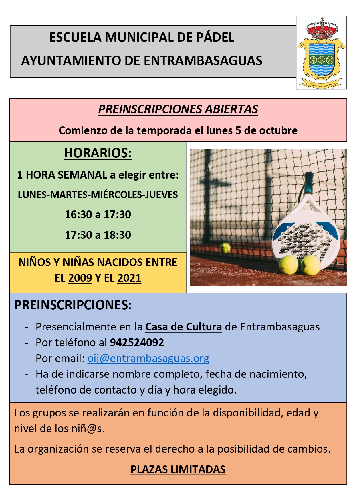 Preinscripción Escuela Municipal de Pádel, temporada 2026 - 2027