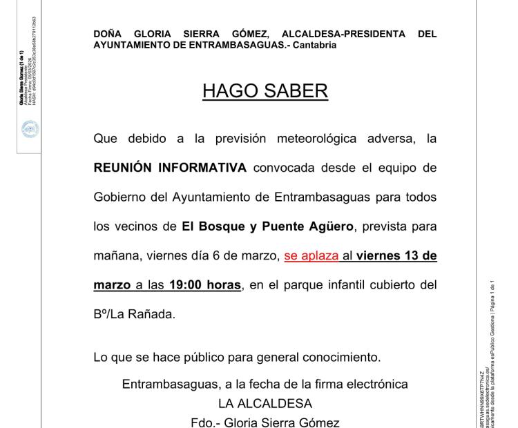 Reunión informativa de El Bosque y Puente Agüero APLAZADA al próximo viernes 13 de marzo.