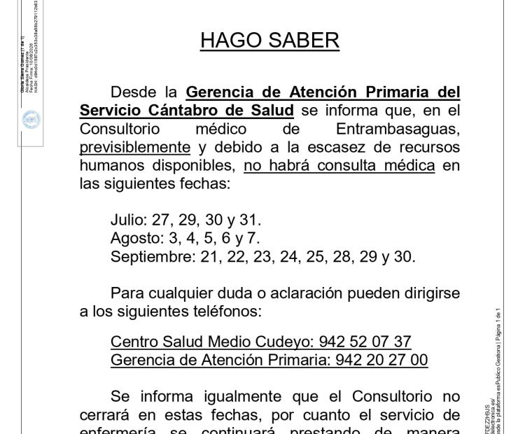 BANDO, Fechas en las que no habrá consulta médica en el Consultorio médico de Entrambasaguas este verano.