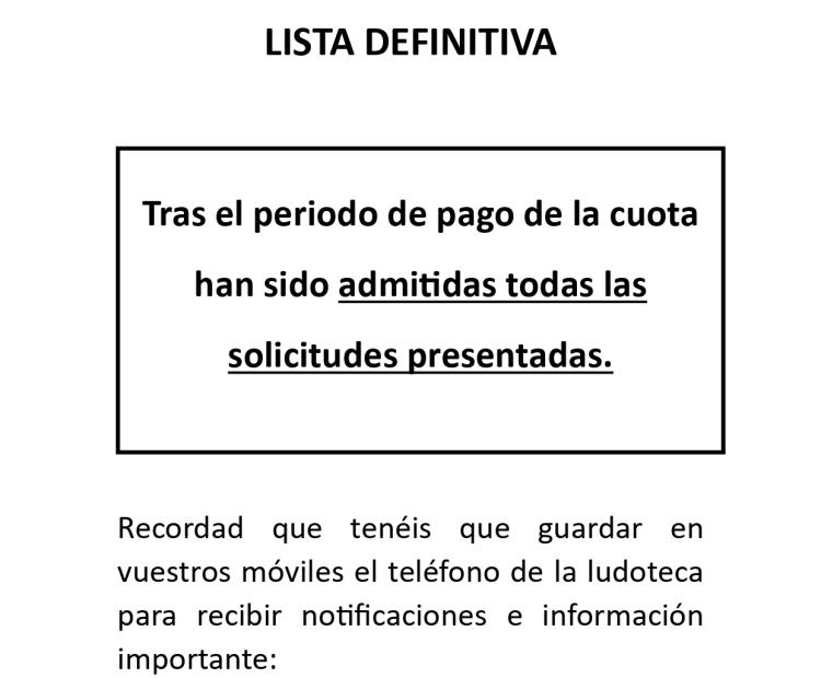 Lista definitiva de admitidos, Ludoteca de Verano 2026