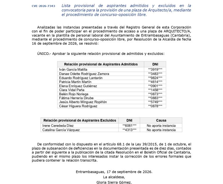 Lista provisional de aspirantes admitidos y excluidos en la convocatoria para la provisión de una plaza de Arquitecto/a, mediante el procedimiento de concurso-oposición libre.