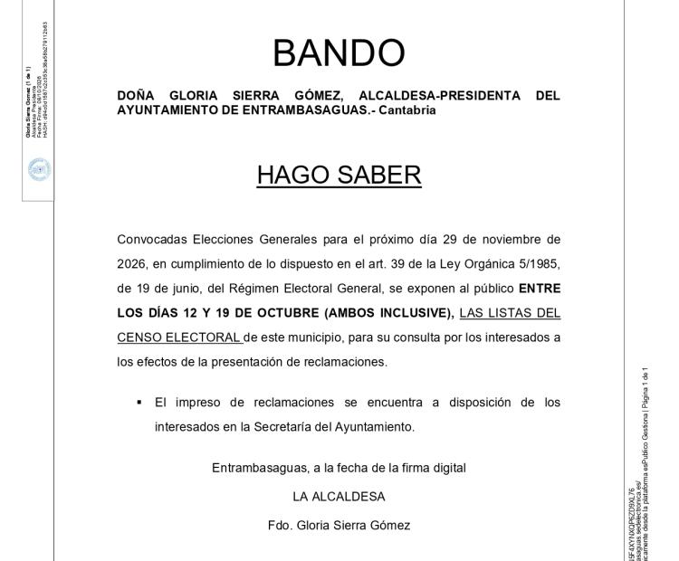 Bando. Exposición censo electoral, Elecciones Generales 29 de noviembre de 2026.
