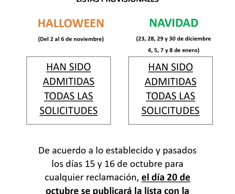Listas provisionales de admitidos, ludotecas en periodos no lectivos 2026